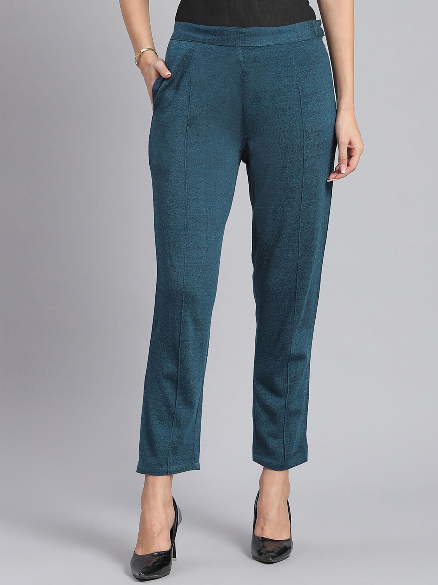 ferozi teal solid regular fit trouser