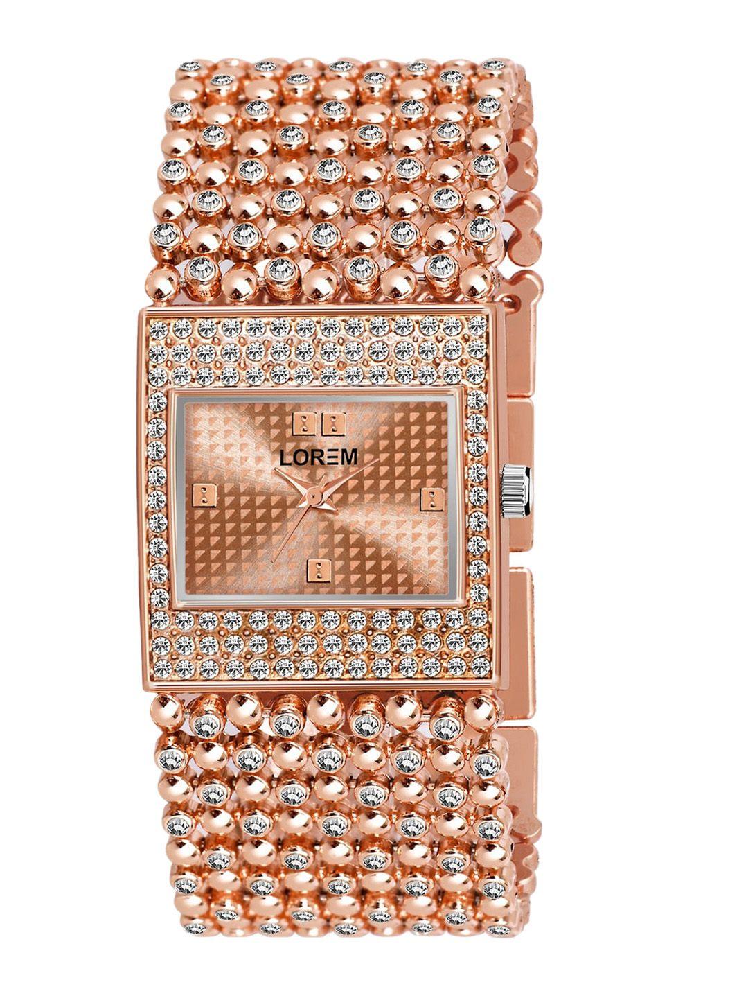 ferrizzo women rose gold-toned embellished dial & rose gold toned bracelet style straps analogue watch