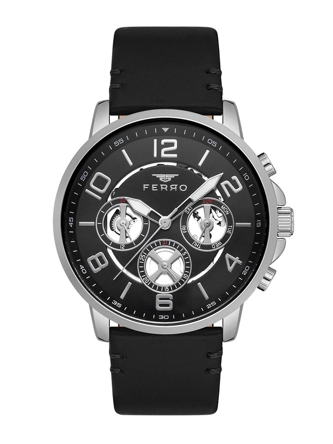 ferro men black dial & black leather straps analogue multi function watch fm11146b-j2
