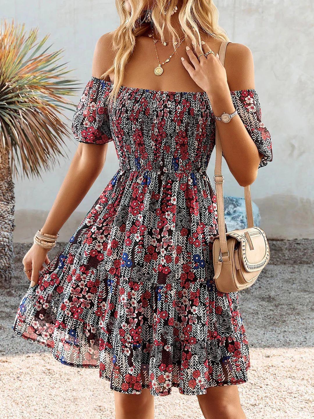 fery london floral printed off-shoulder tiered georgette fit & flare midi dress