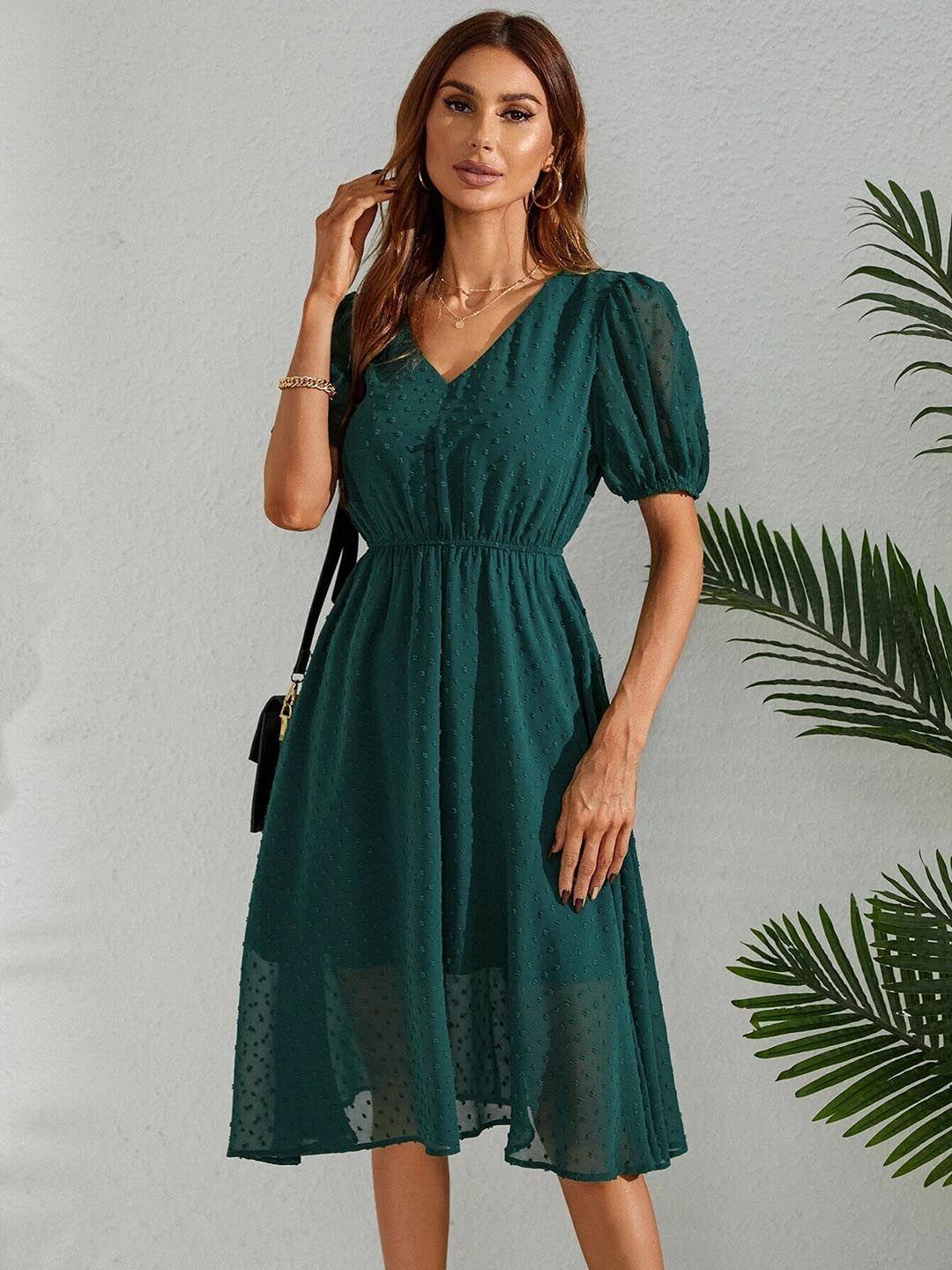 fery london self designed puff sleeve georgette fit & flare midi dress