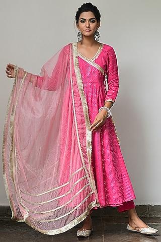 festival fuchsia cotton viscose angrakha anarkali set