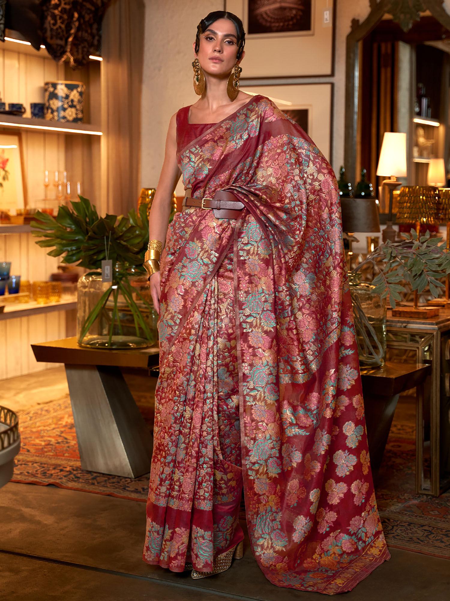 festive brown woven saree with unstitched blouse