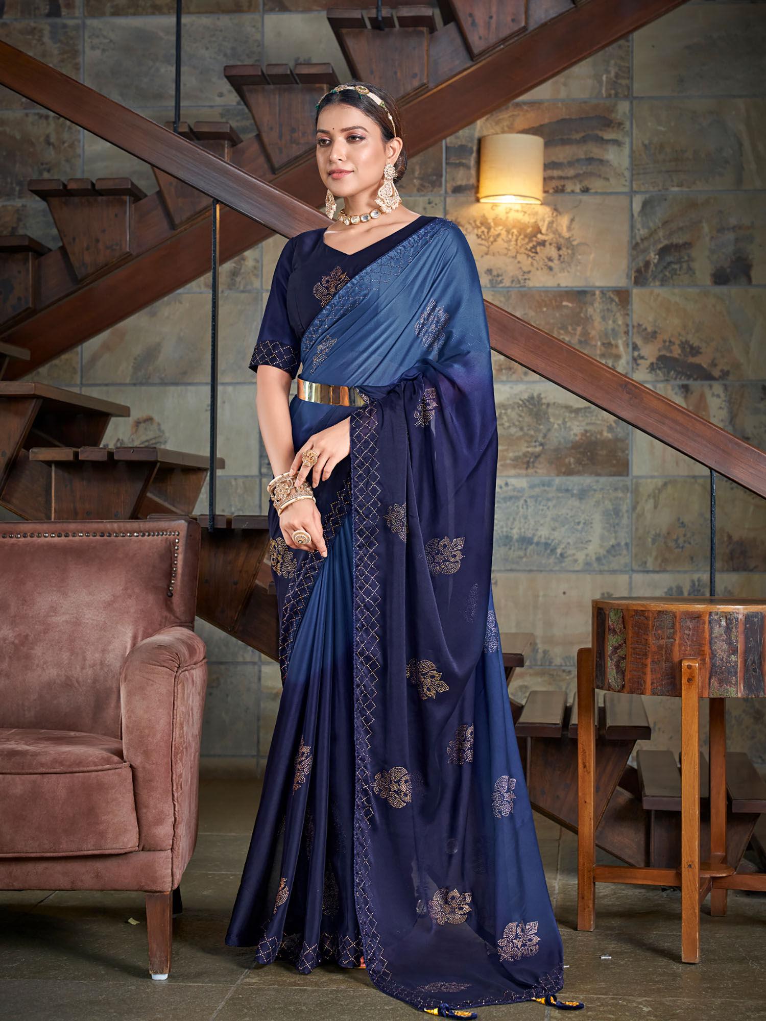 festive designer navy blue saree with unstitched blouse