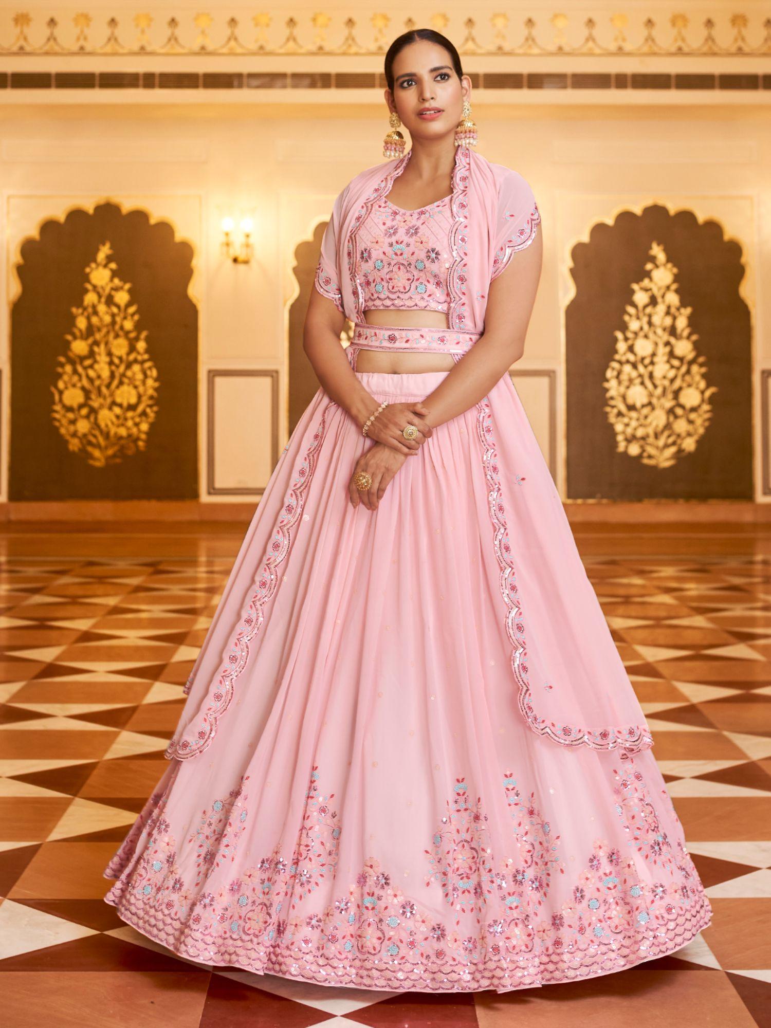 festive designer pink semi stitched lehenga with unstitched blouse (set of 3)