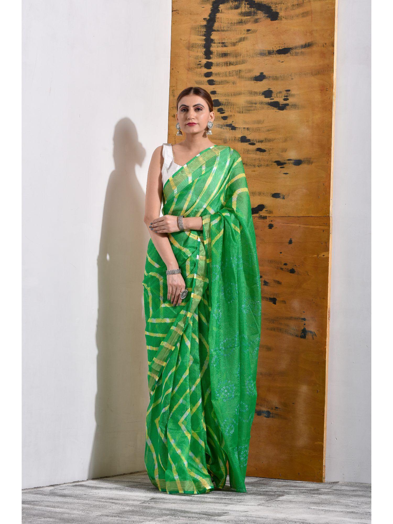 festive green leheriya saree with unstitched blouse in kota doria