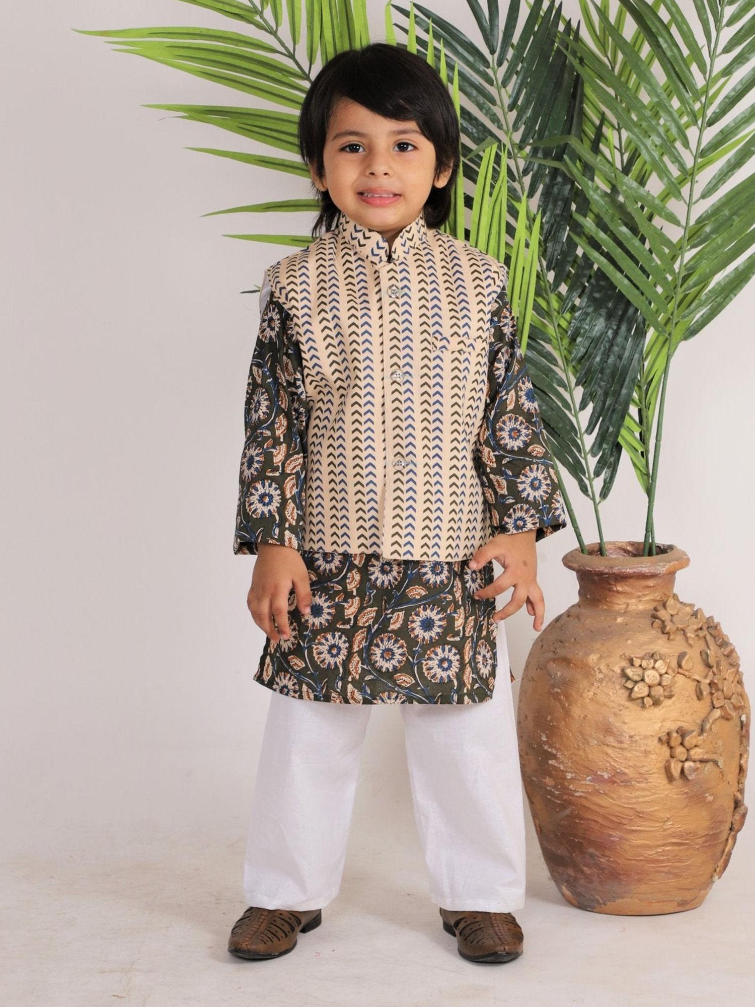 festive ivory beige jacket kurta and pajama (set of 3)