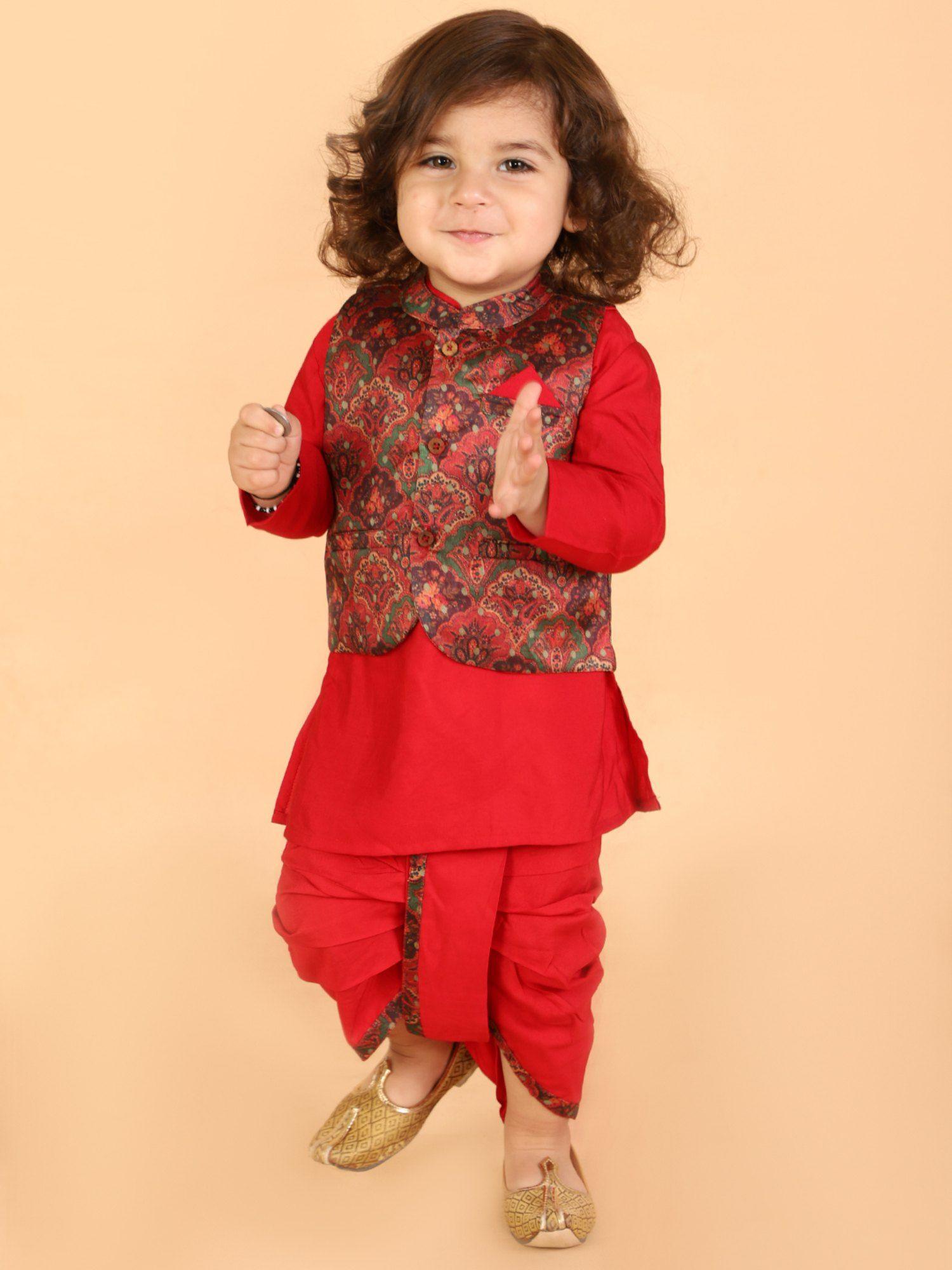 festive kurta dhoti with printed jacket-red (set of 3)