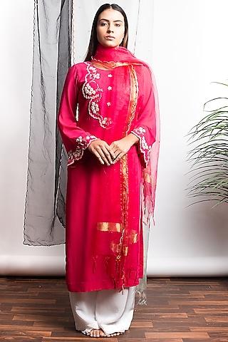 festive pink aari embroidered straight kurta set