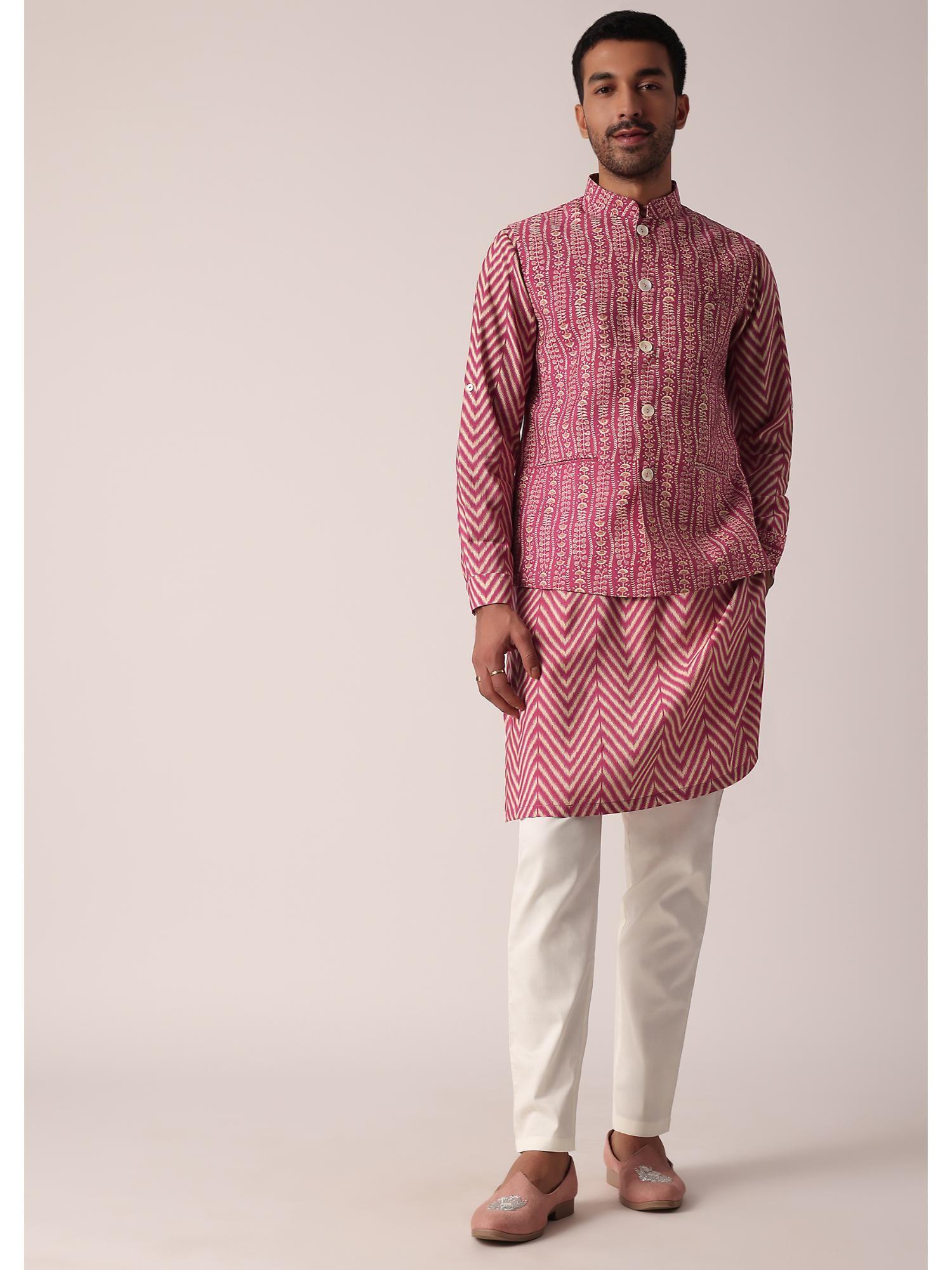 festive pink kurta with jacket and pant for men with all-over print (set of 3)