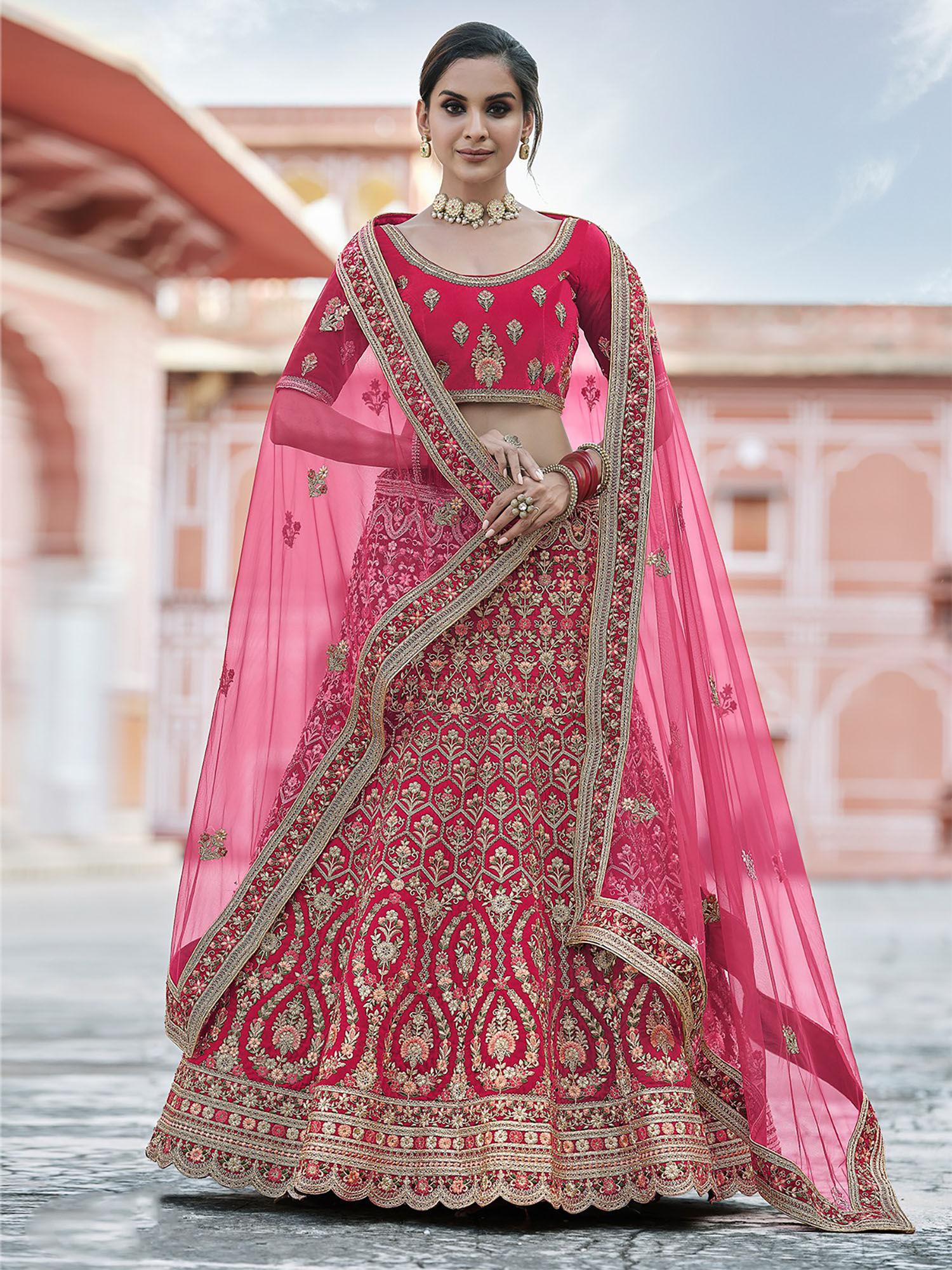 festive pink semi stitched lehenga with unstitched blouse (set of 3)