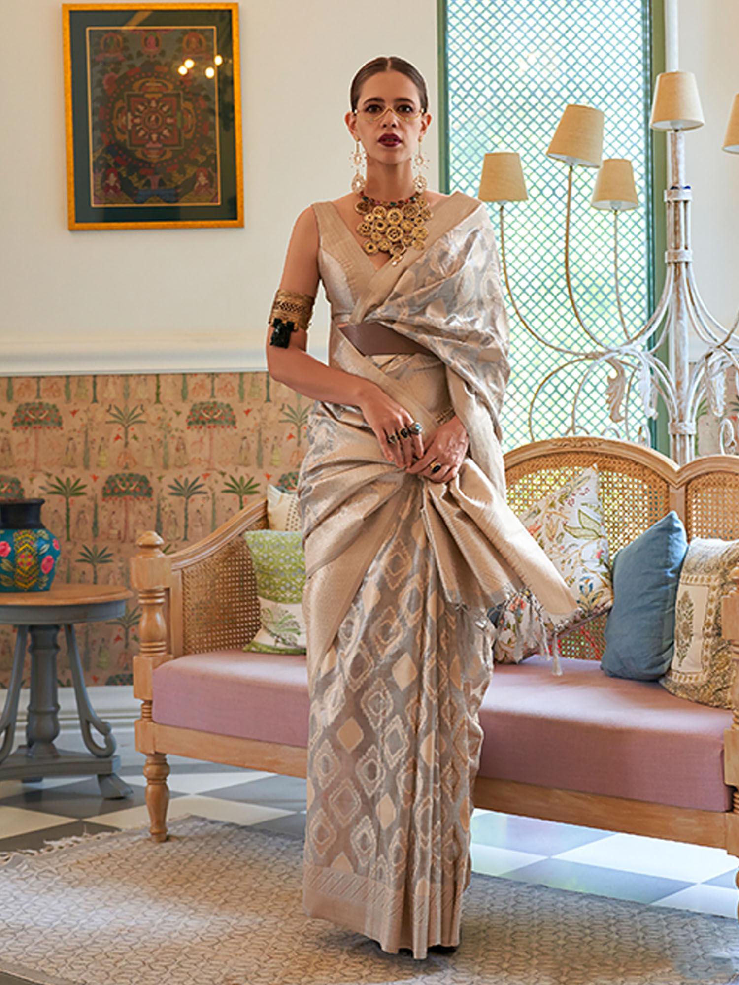 festive silver tissue woven saree with unstitched blouse