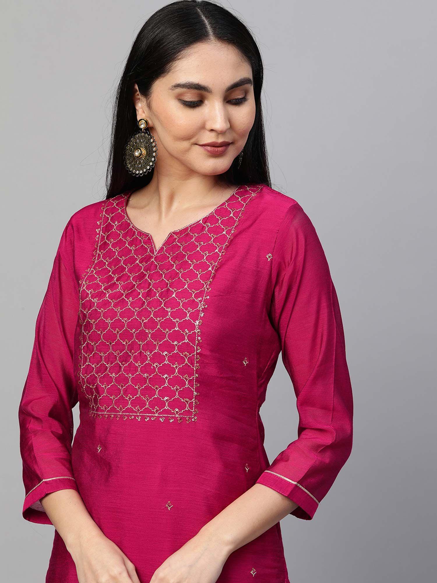 festive zari embroidered kurta with banarasi dupatta rani pink (set of 2)