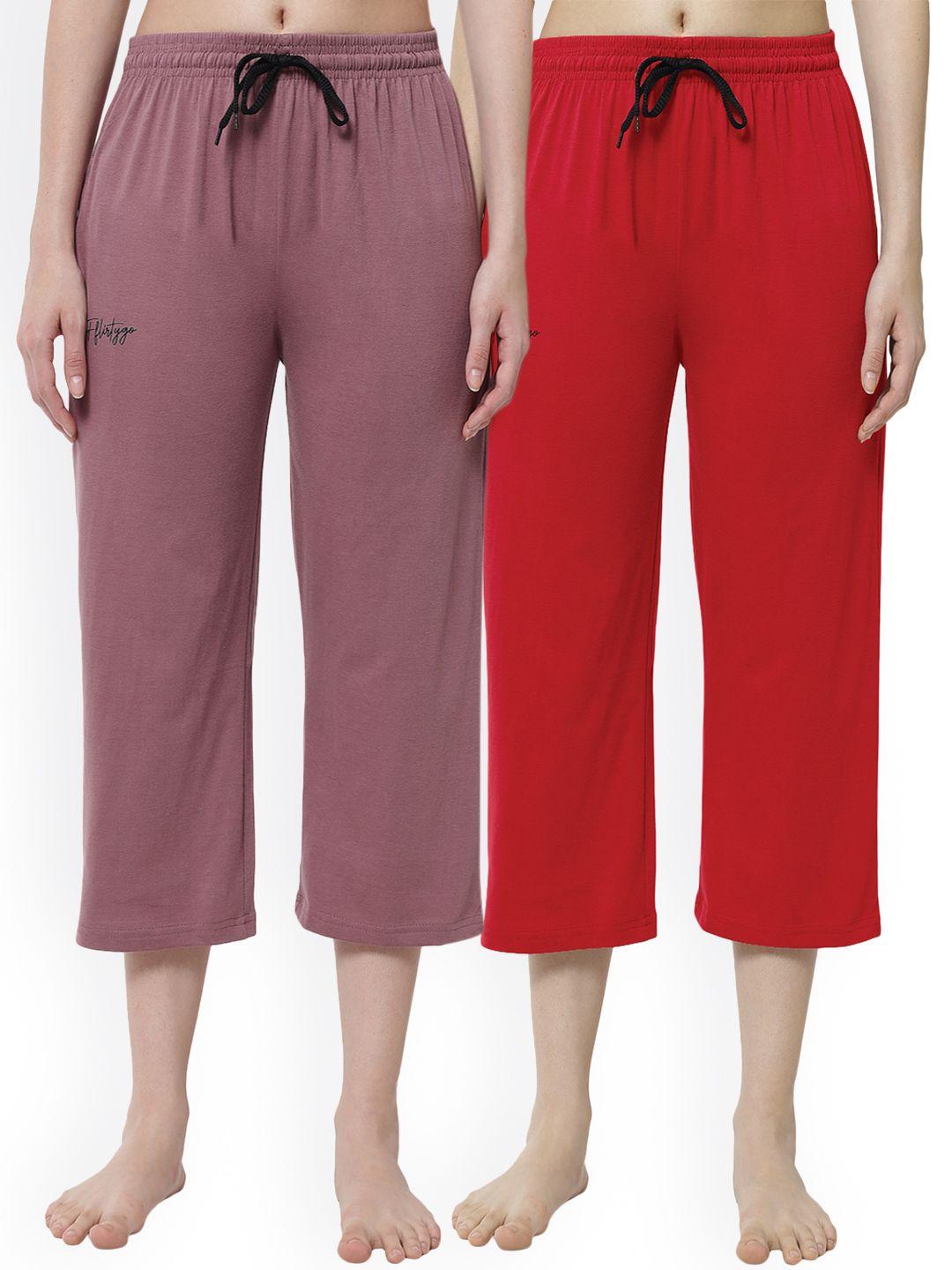 fflirtygo women pack of 2 mauve and red solid cotton lounge capris