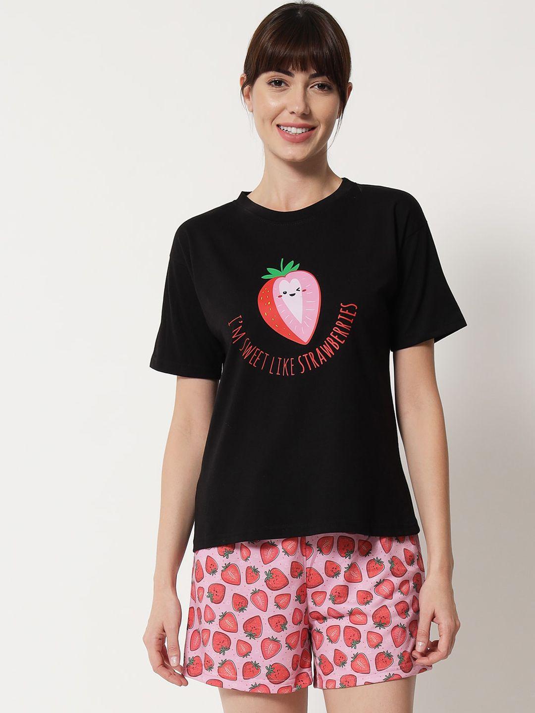 fflirtygo women black & pink printed short and t-shirt night suit