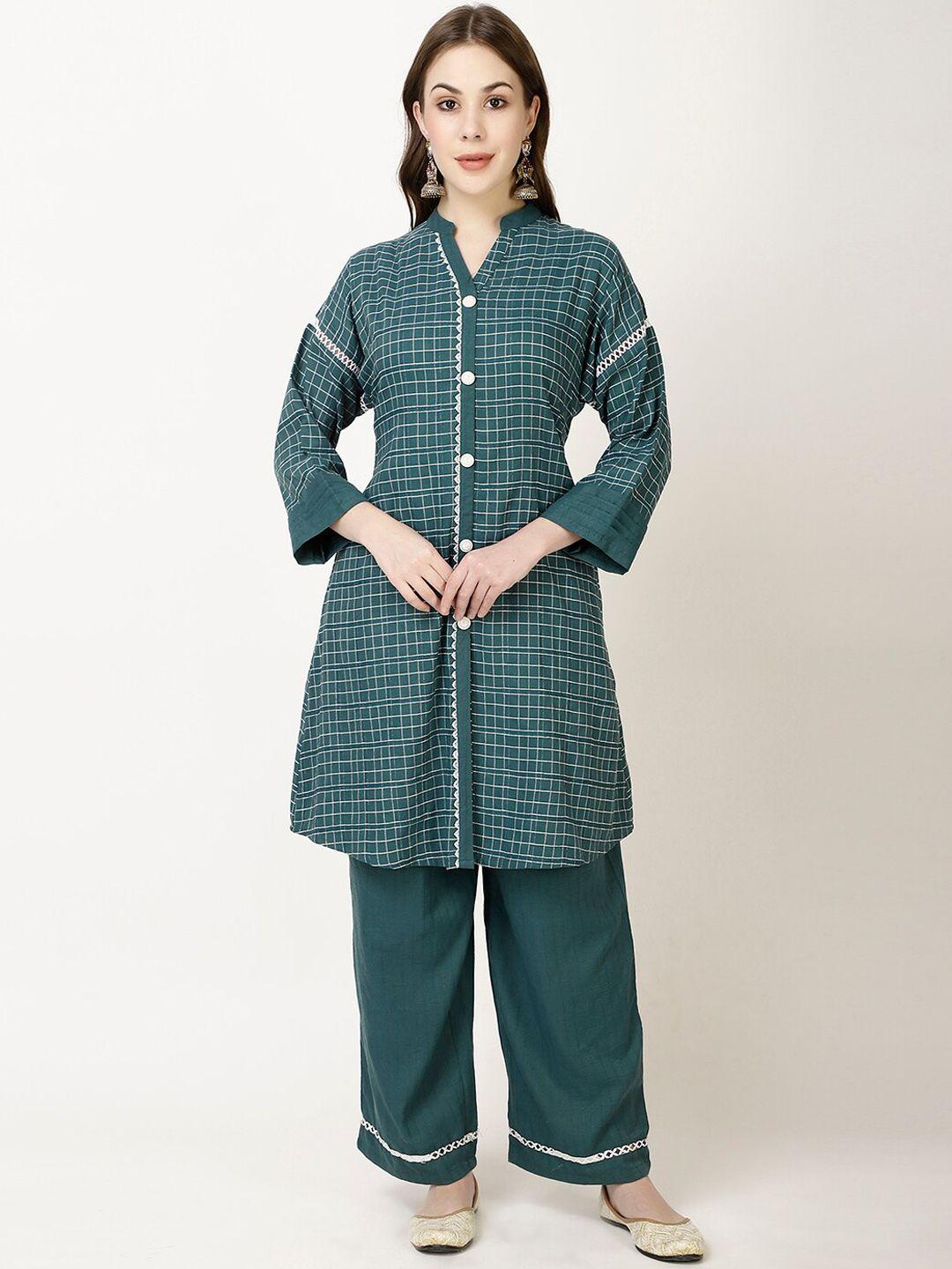 ffu checked mandarin collar a-line kurta with palazzo