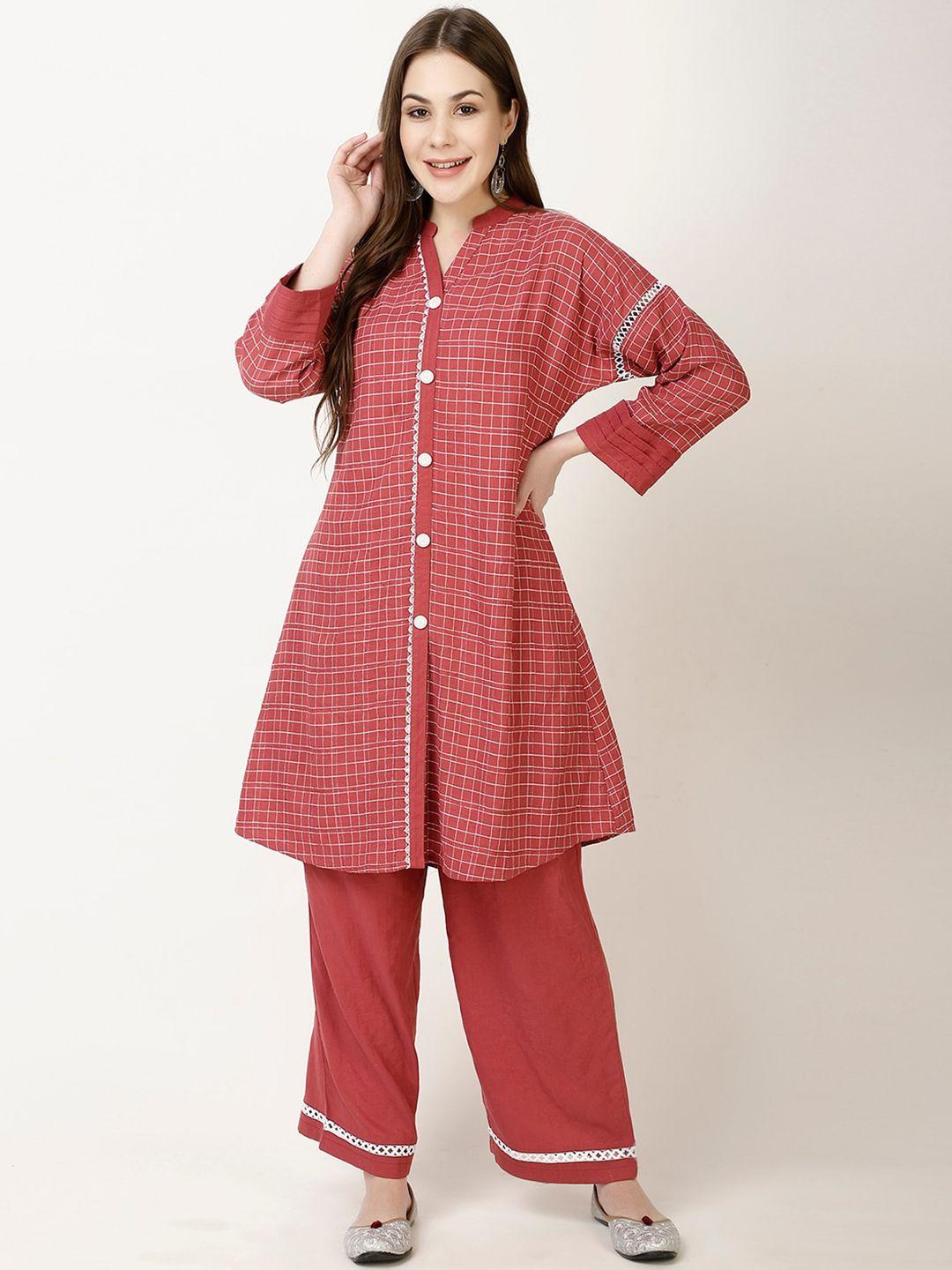 ffu checked mandarin collar a-line kurta with palazzo