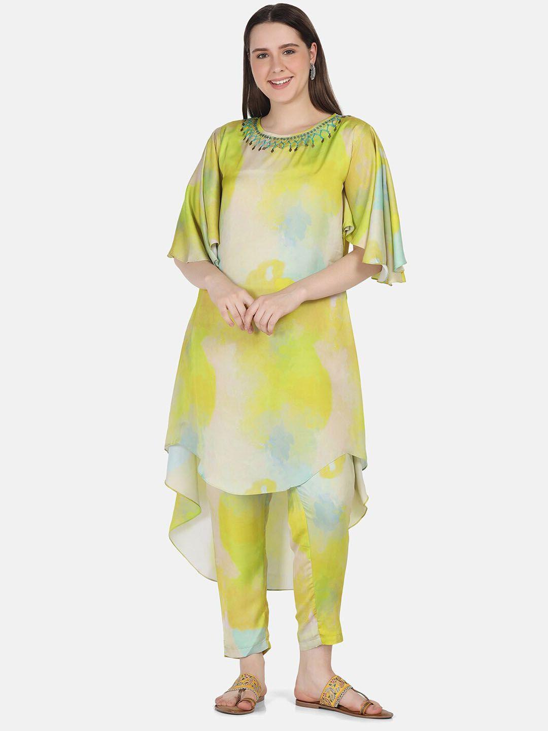 ffu dyed flared sleeves thread work satin kurta with trousers