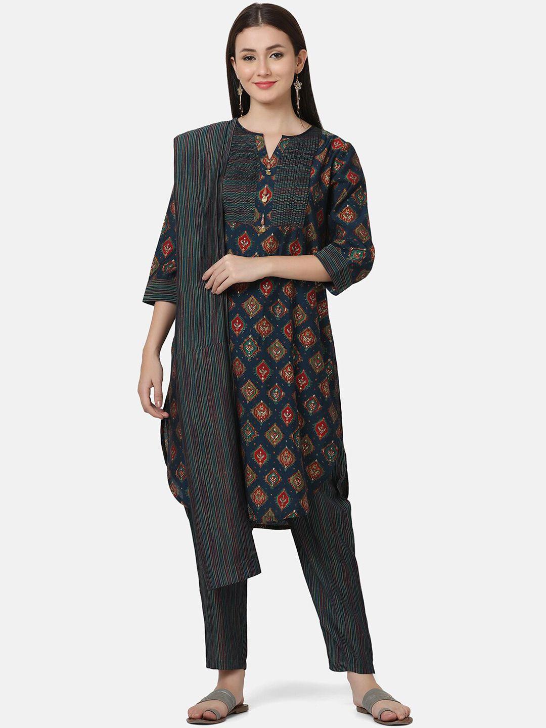 ffu ethnic motifs printed chanderi cotton kurta with trousers & with dupatta