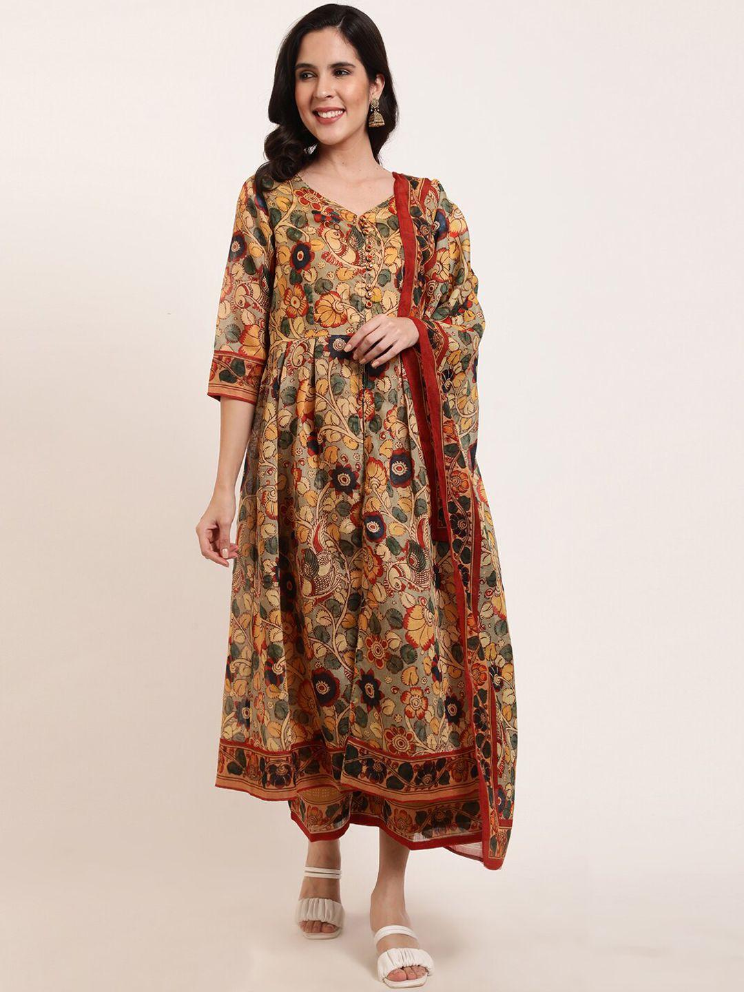 ffu ethnic motifs printed pleated a-line kurta with palazzo & dupatta