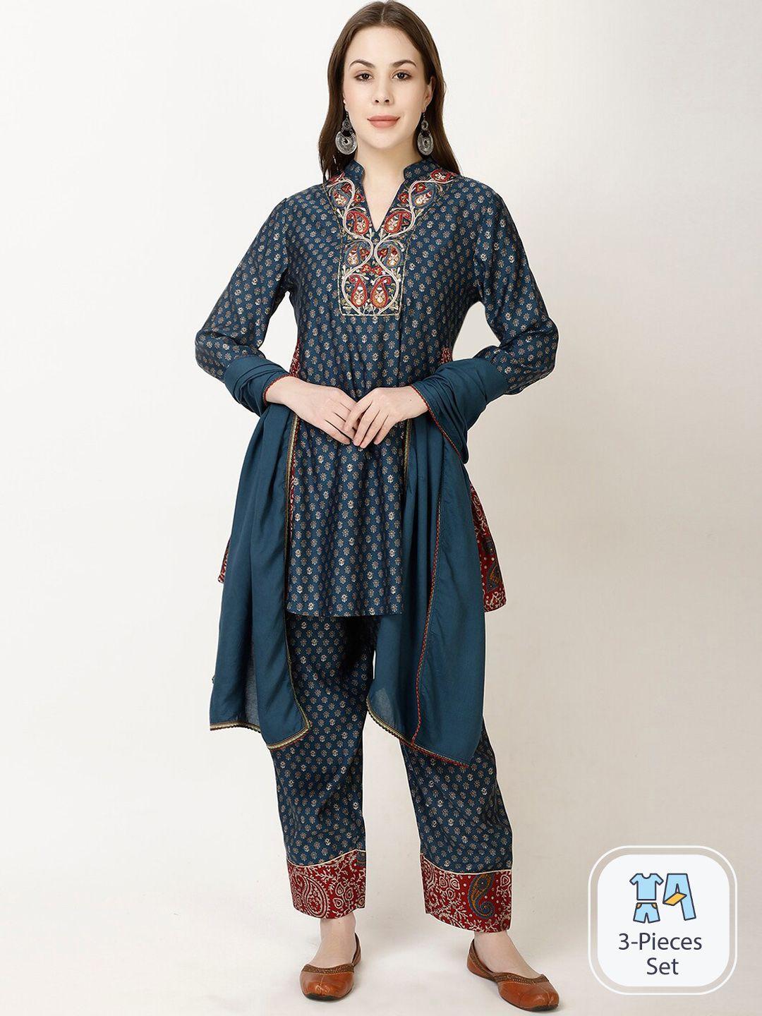 ffu ethnic motifs printed regular a-line kurti with trousers & dupatta