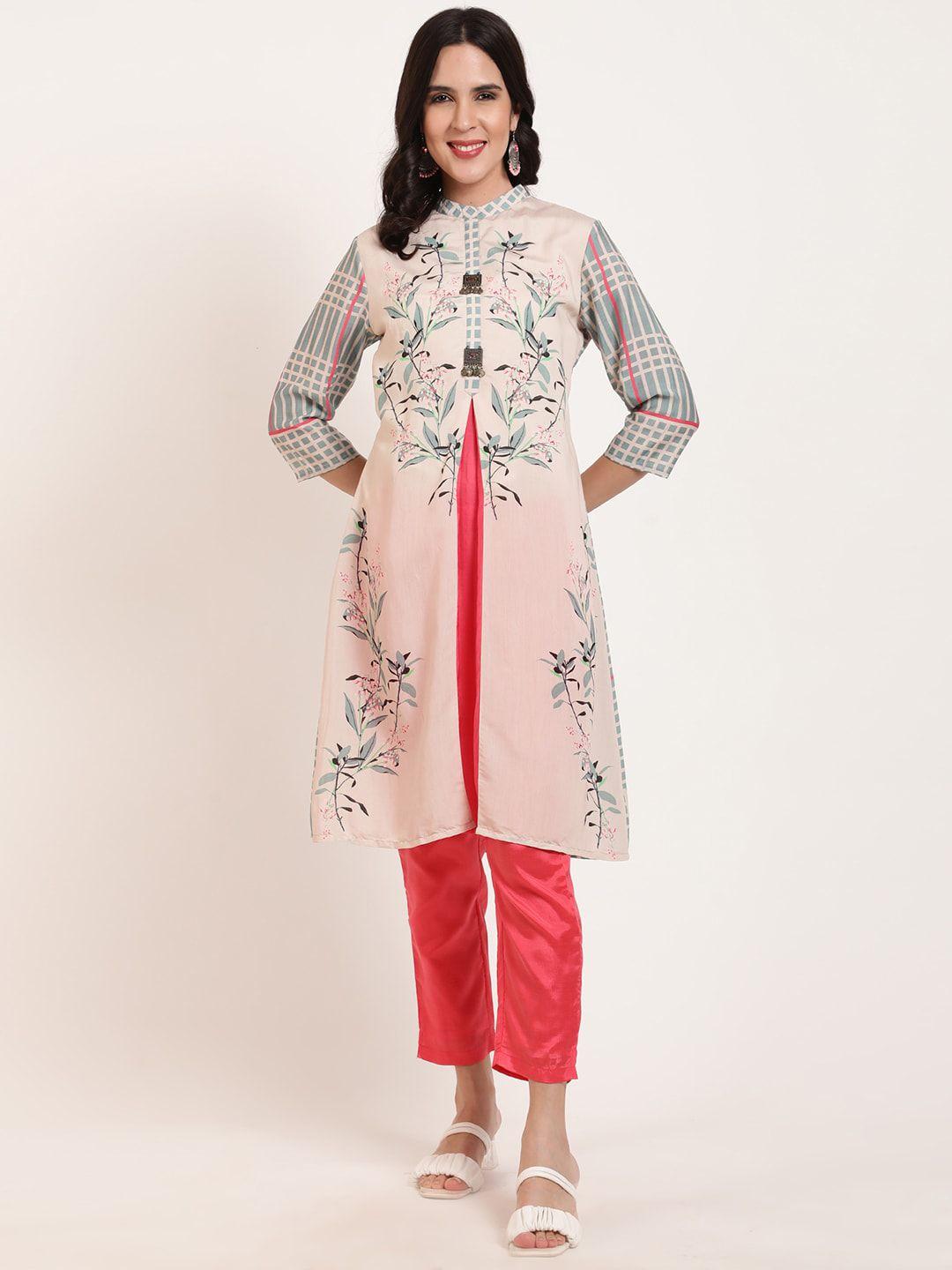 ffu floral printed mandarin collar a-line kurta with trouser