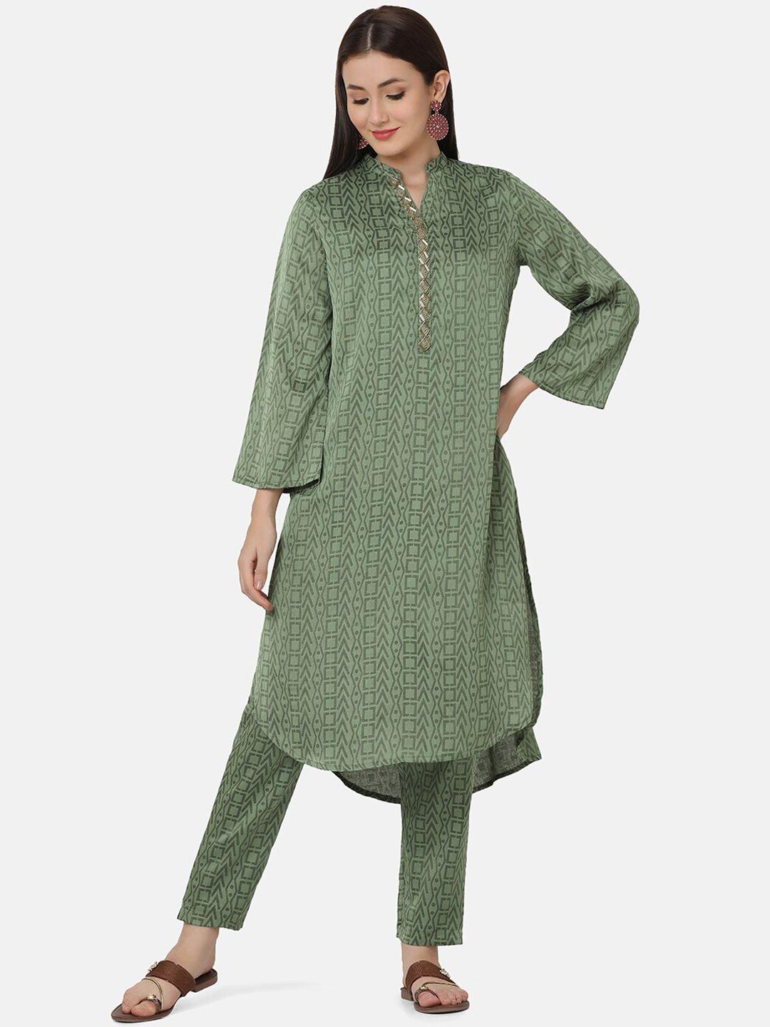 ffu geometric printed mandarin collar beads and stones kurti with trousers