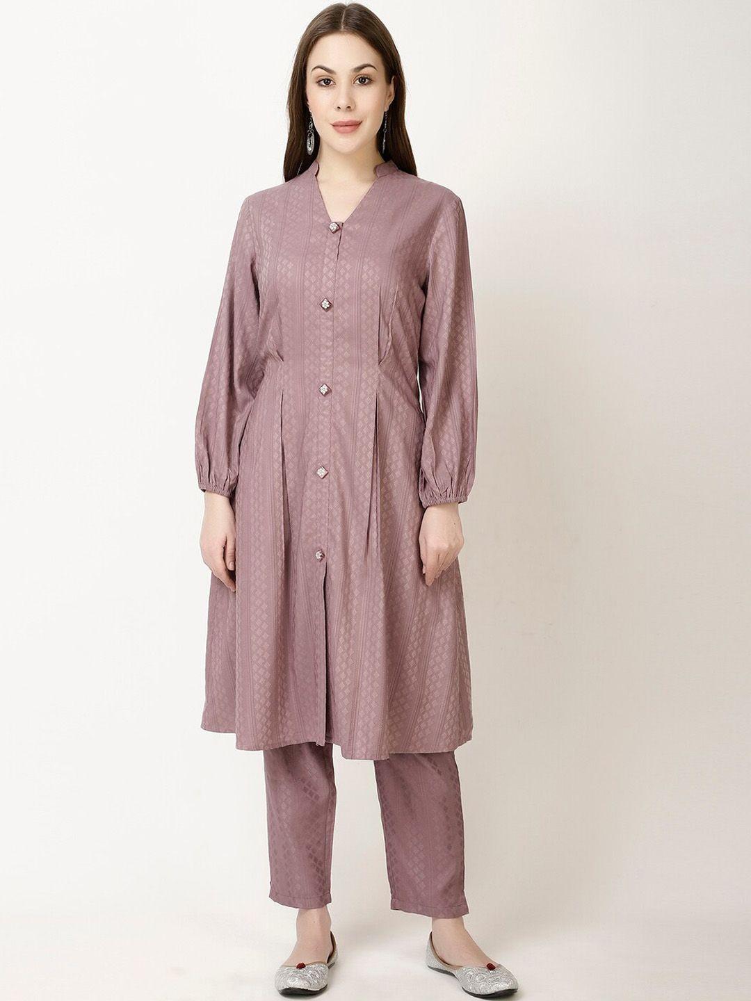 ffu geometric self design v-neck regular a-line kurta with trousers