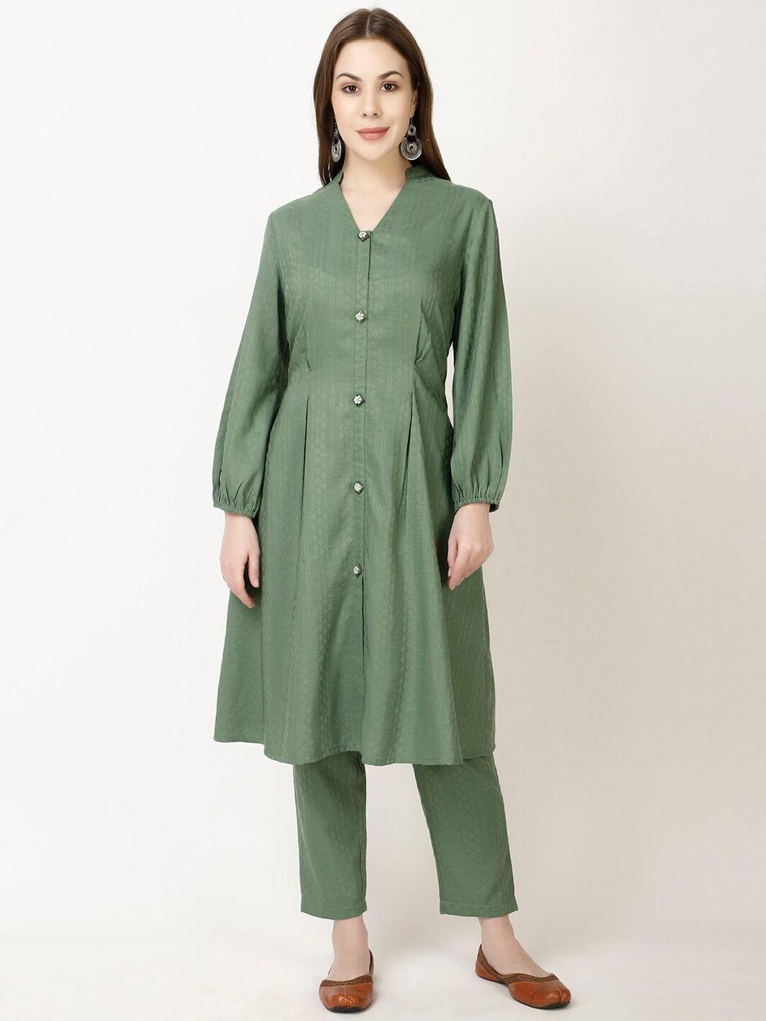 ffu geometric self design v-neck regular a-line kurta with trousers