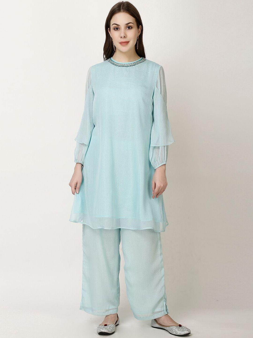 ffu round neck straight puff sleeve a-line kurta with palazzos