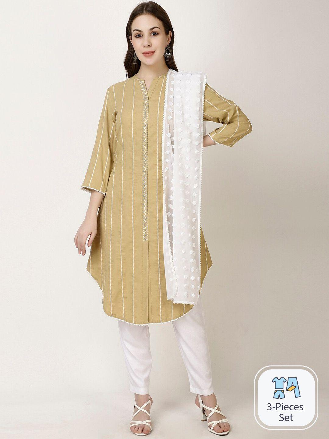 ffu striped embroidered mandarin collar a-line kurta with trousers & with dupatta