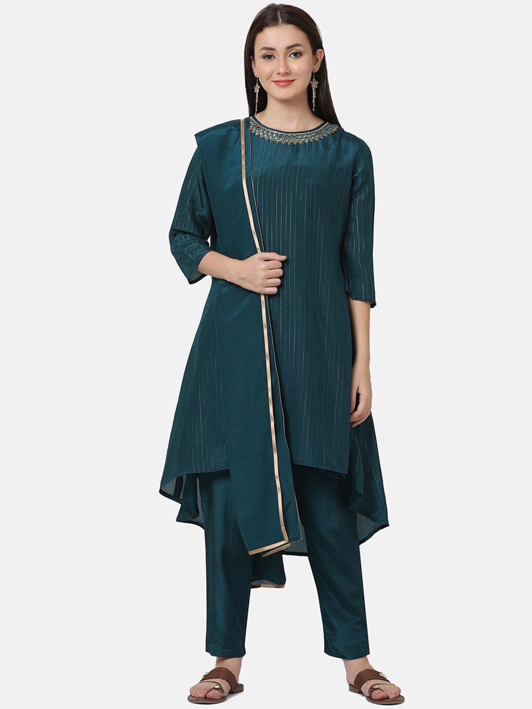 ffu striped high low a-line kurta with trousers & with dupatta