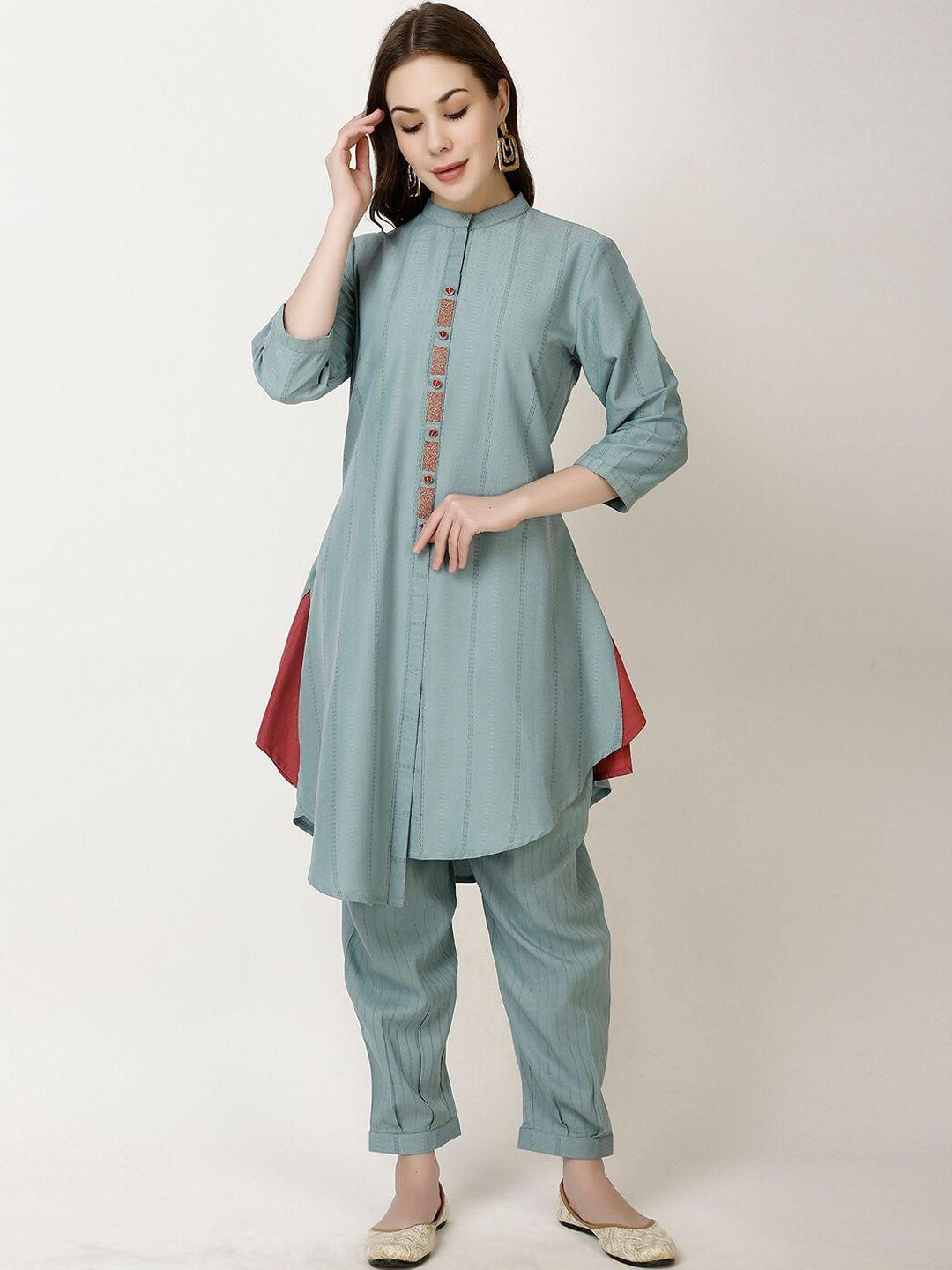 ffu striped mandarin collar a-line kurta with trousers