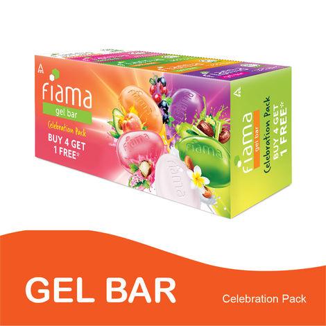 fiama gel bar celebration pack with 5 unique gel bars & skin conditioners for moisturized skin, 125g soap (buy 4 get 1 free)