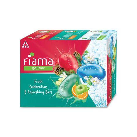 fiama gel bathing bar fresh celebration pack, with 3 unique gel bars, with skin conditioners for moisturized skin, 125g soap (pack of 3), blue