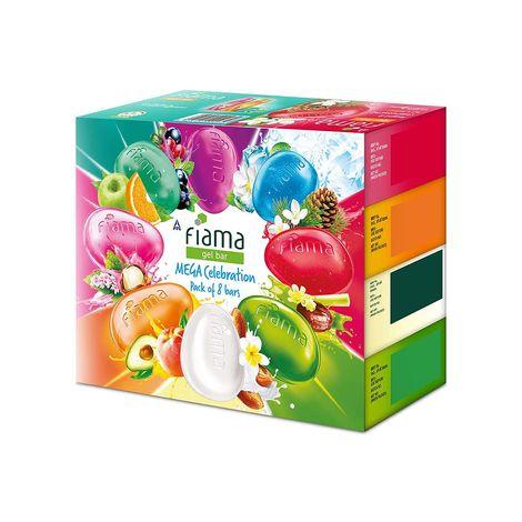 fiama gel bathing bar mega celebration pack, with 8 unique gel bars, with skin conditioners for moisturized skin, 125g soap (pack of 8)