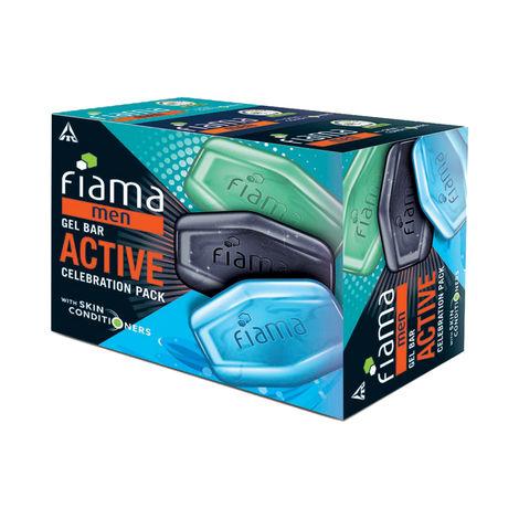 fiama men gel bar active celebration pack with 3 unique gel bars, with skin conditioners for refreshed & moisturised skin 125g soap (pack of 3)