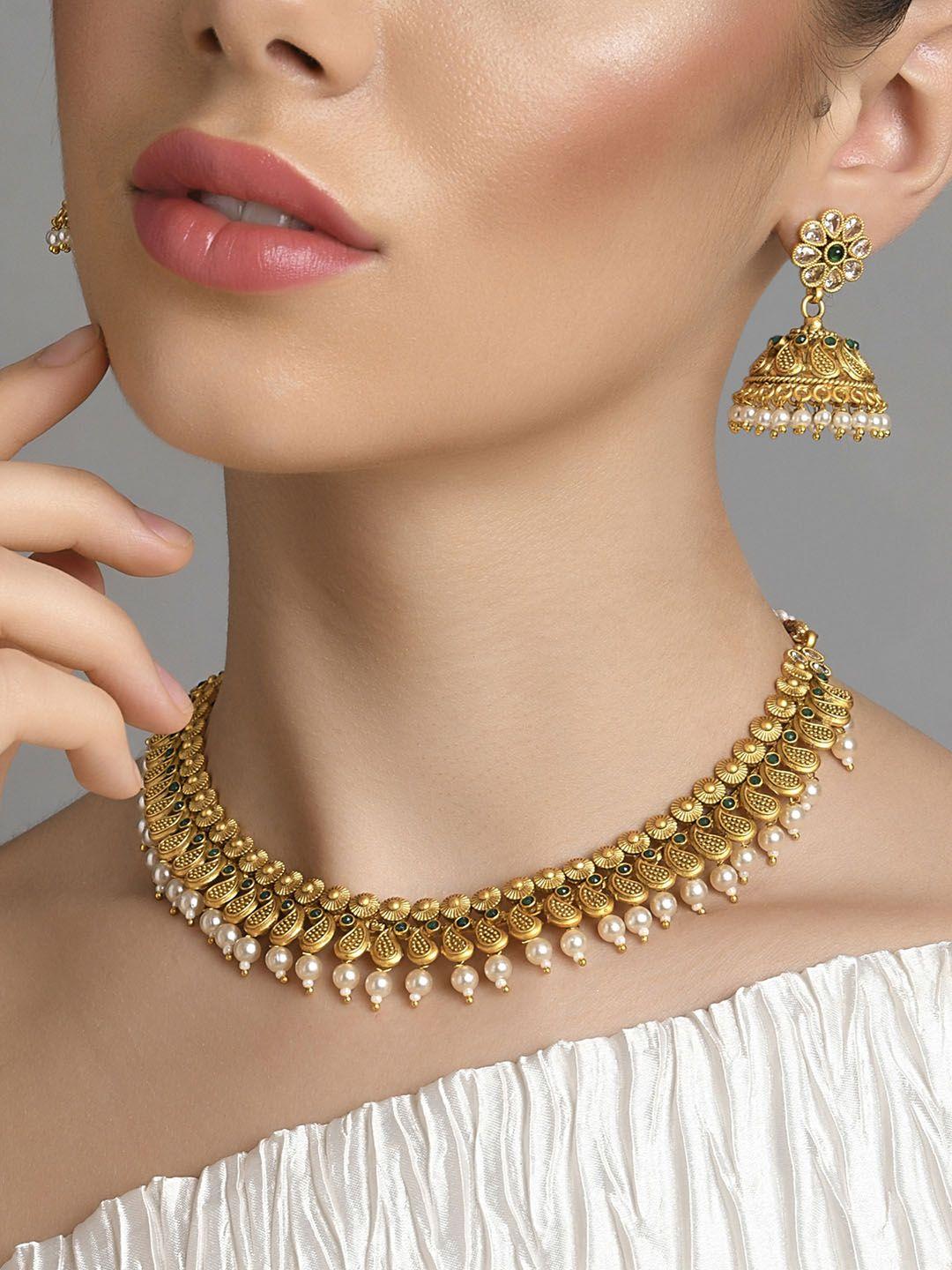 fida gold plated maroon stone studded & beaded choker jewellery set