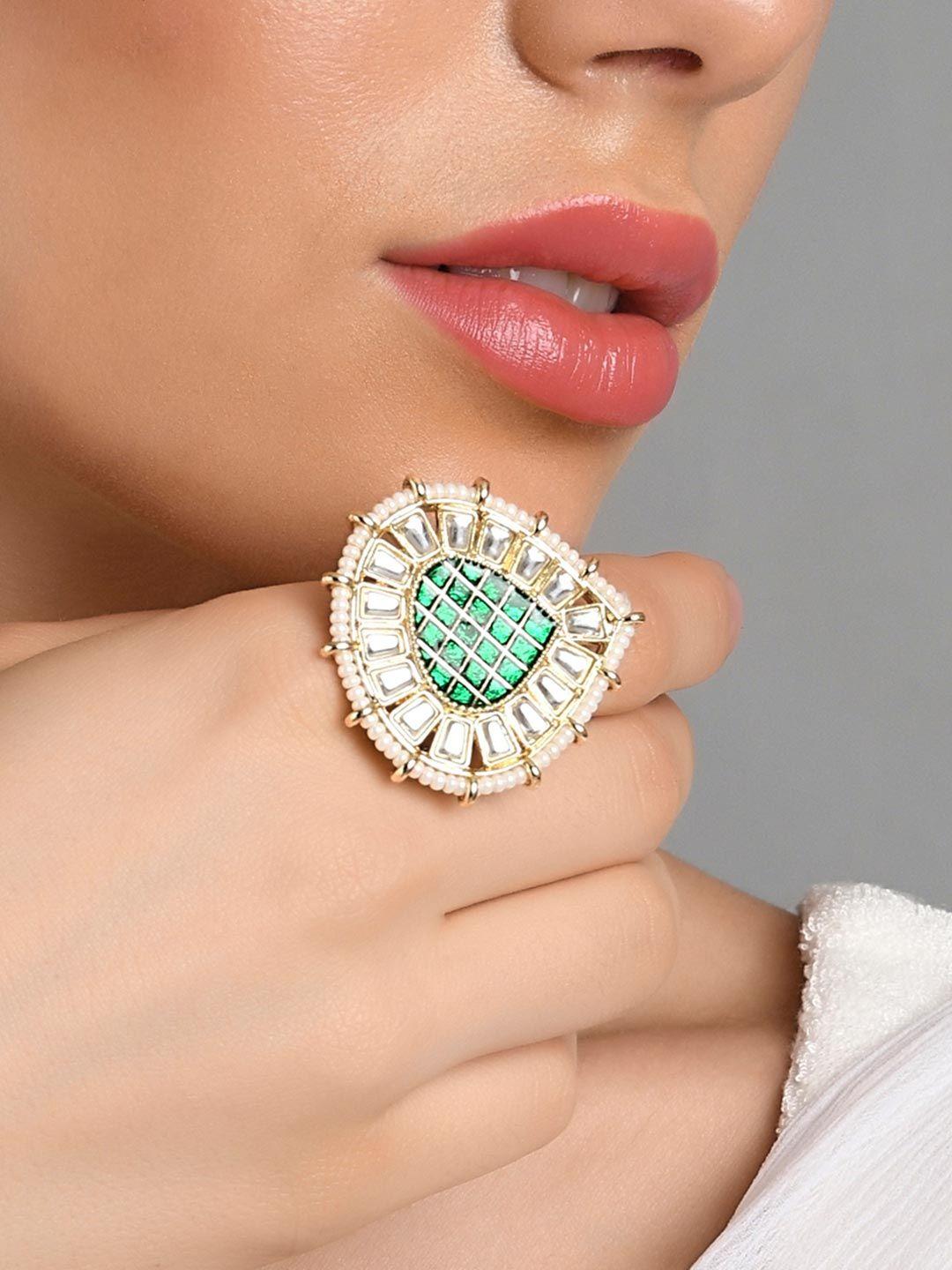 fida gold-plated green meenakari kundan-studded & pearl beaded finger  ring