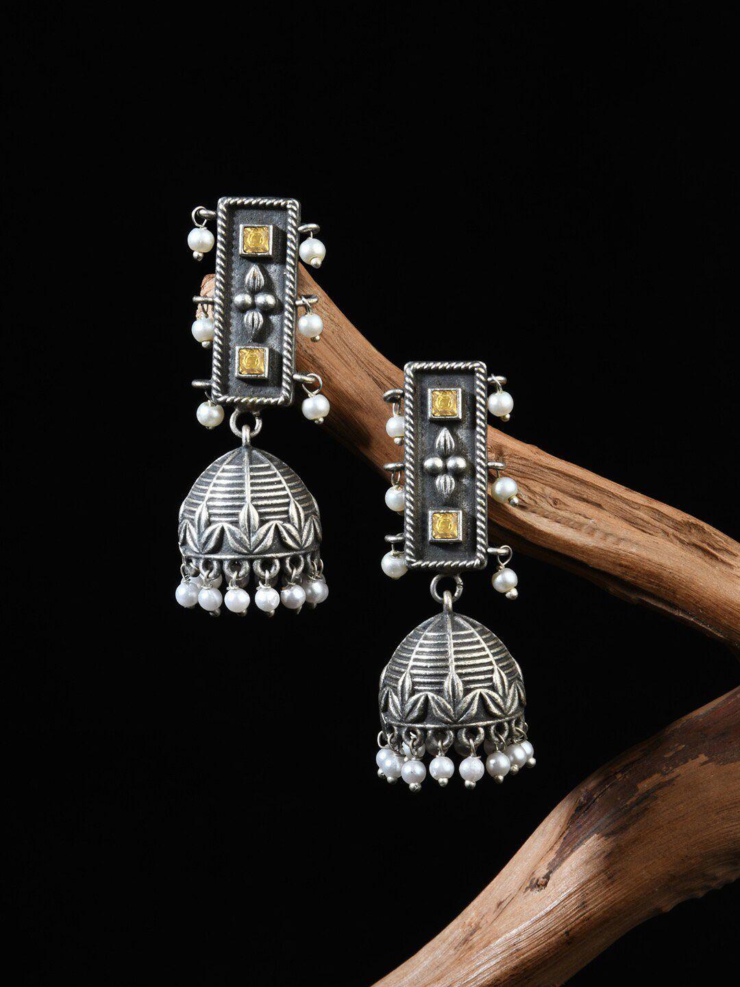 fida silver plated geometric jhumkas earrings