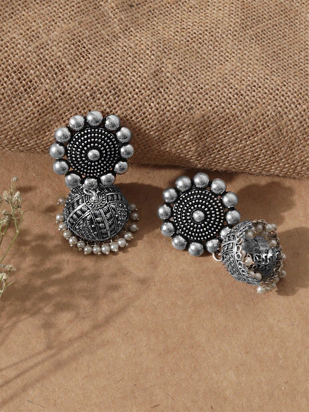fida silver-toned oxidised dome shaped jhumka earrings
