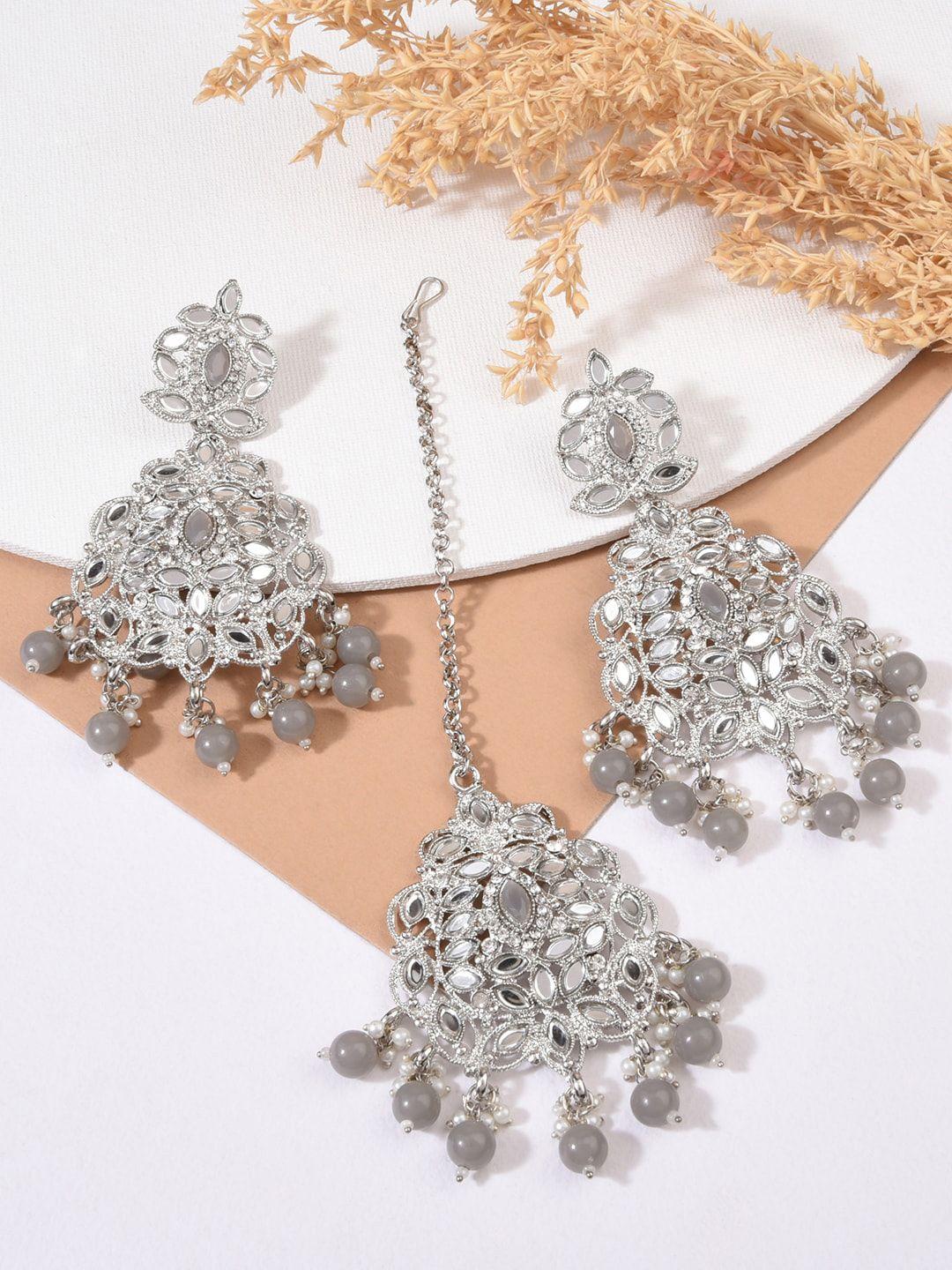 fida  silver-toned pink & grey kundan stone studded jewellery set