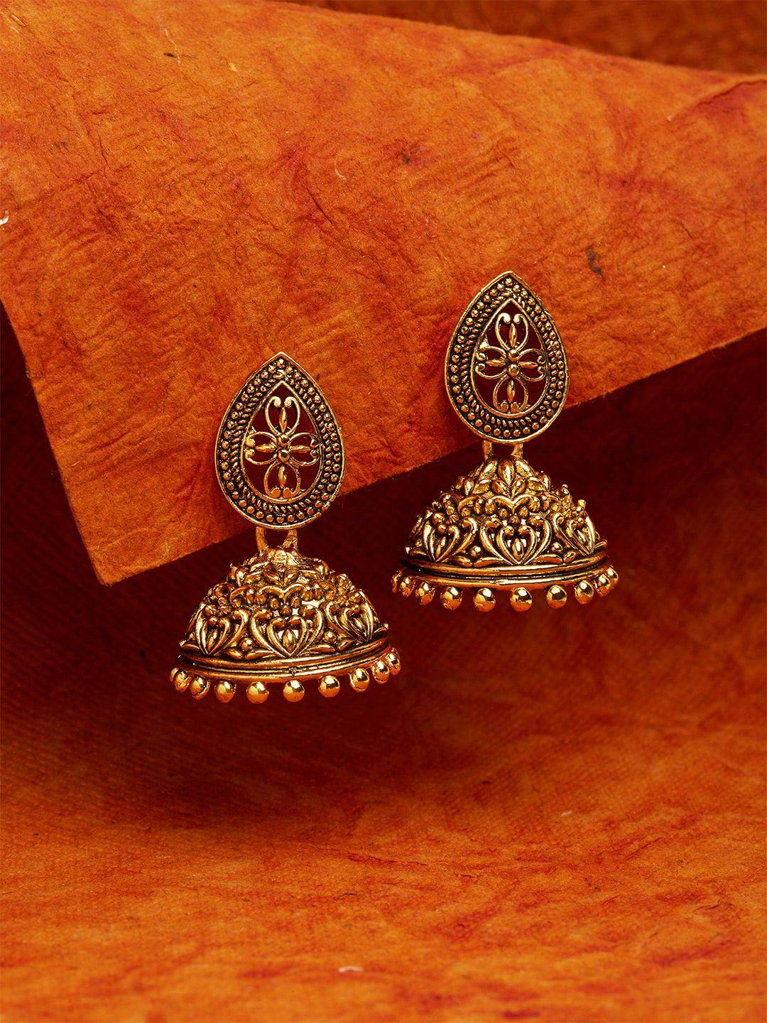 fida gold-plated & maroon dome shaped jhumkas