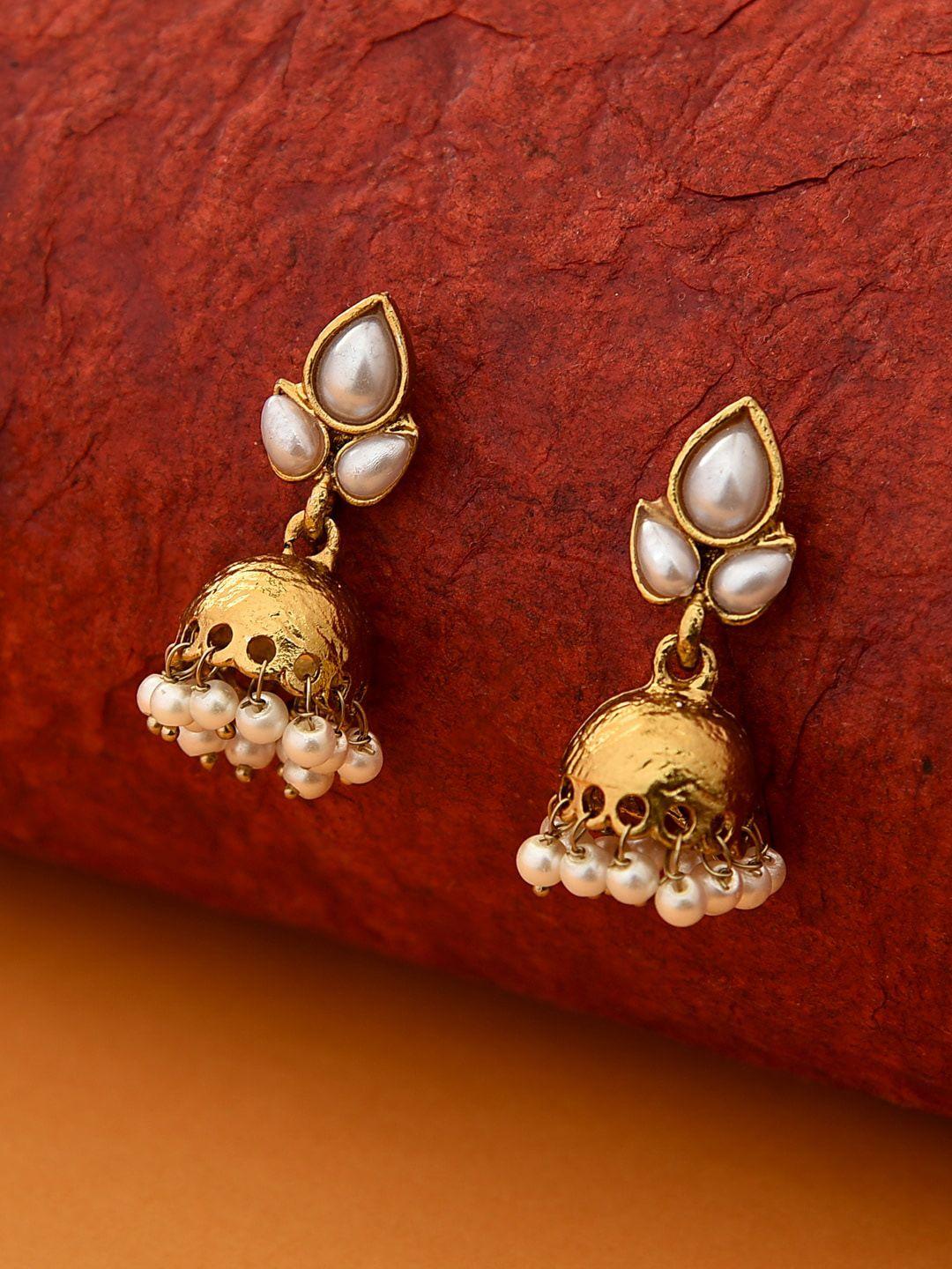 fida gold-plated & white pearl leaf shaped jhumkas earrings