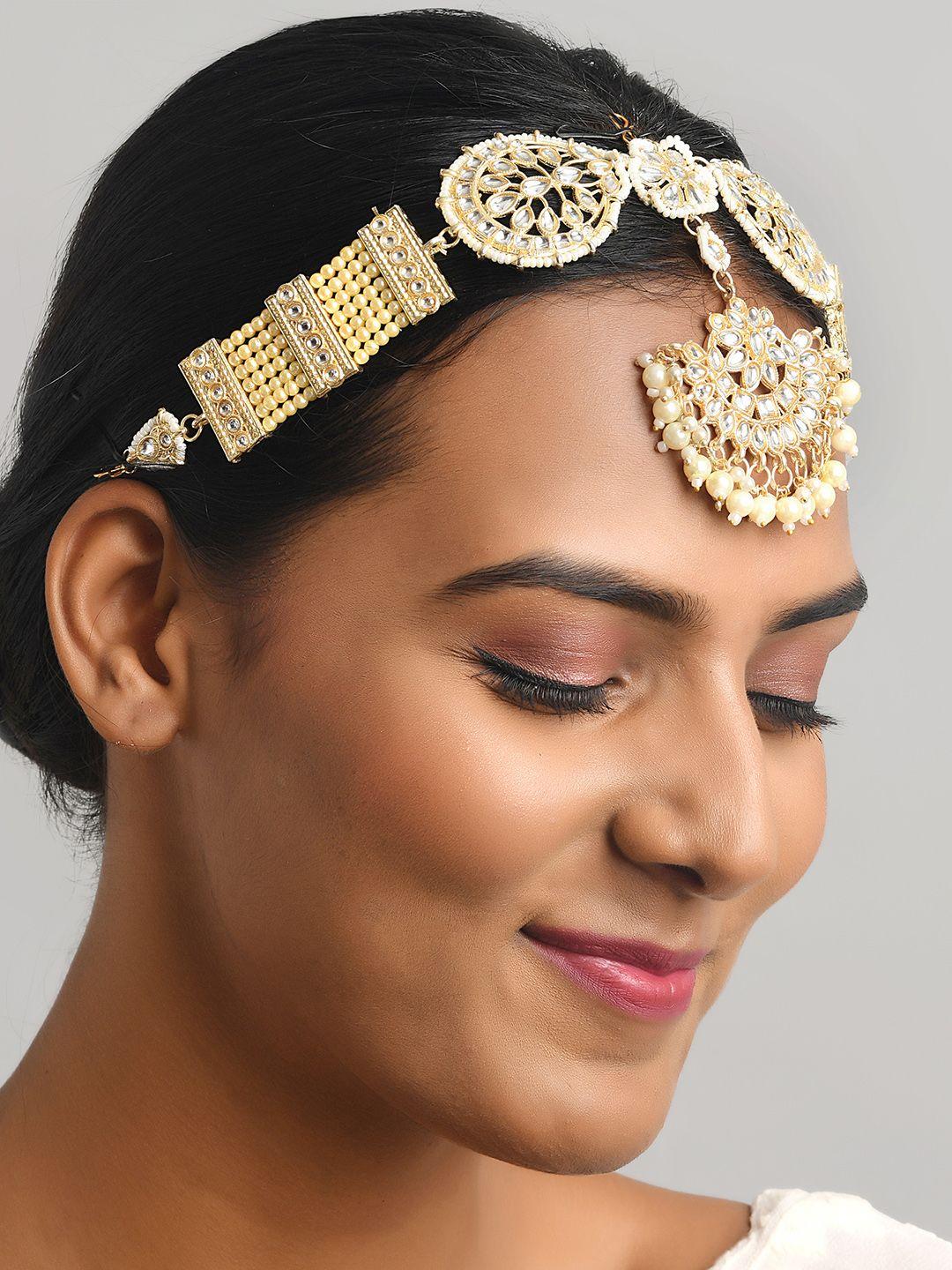 fida gold-plated white kundan studded & pearl beaded mathapatti head accessory