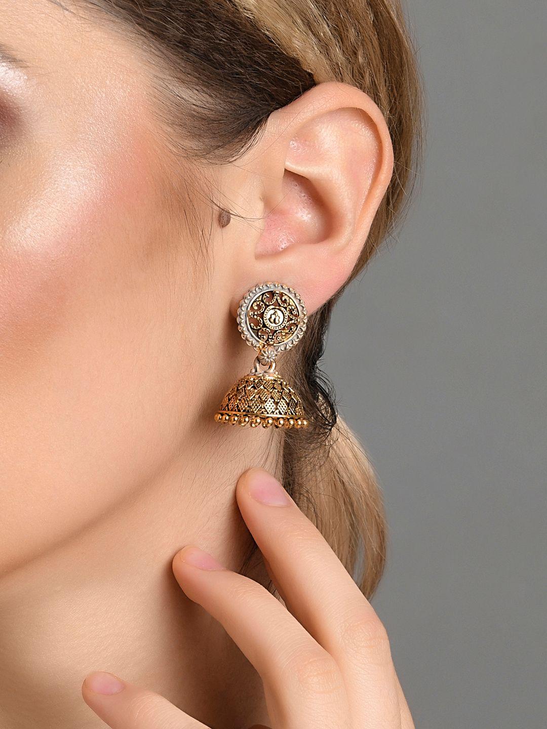 fida gold-toned contemporary ethnic gold plated antique temple jhumkas earrings