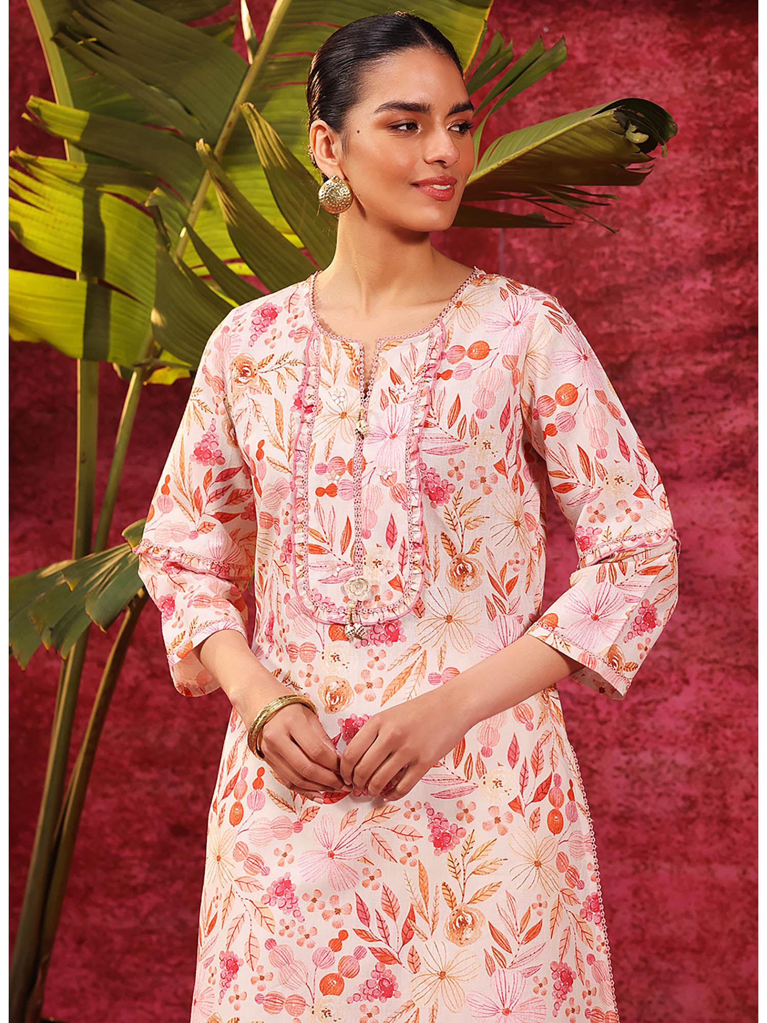 fida pink cotton linen printed kurta for women