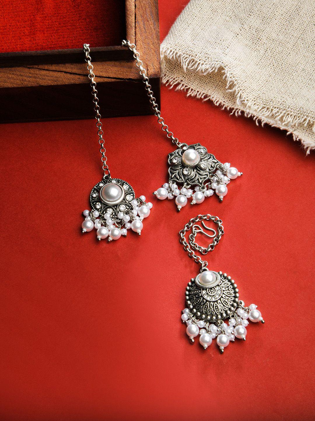 fida set of 3 silver-plated white pearl-beaded maangtikka head jewellery