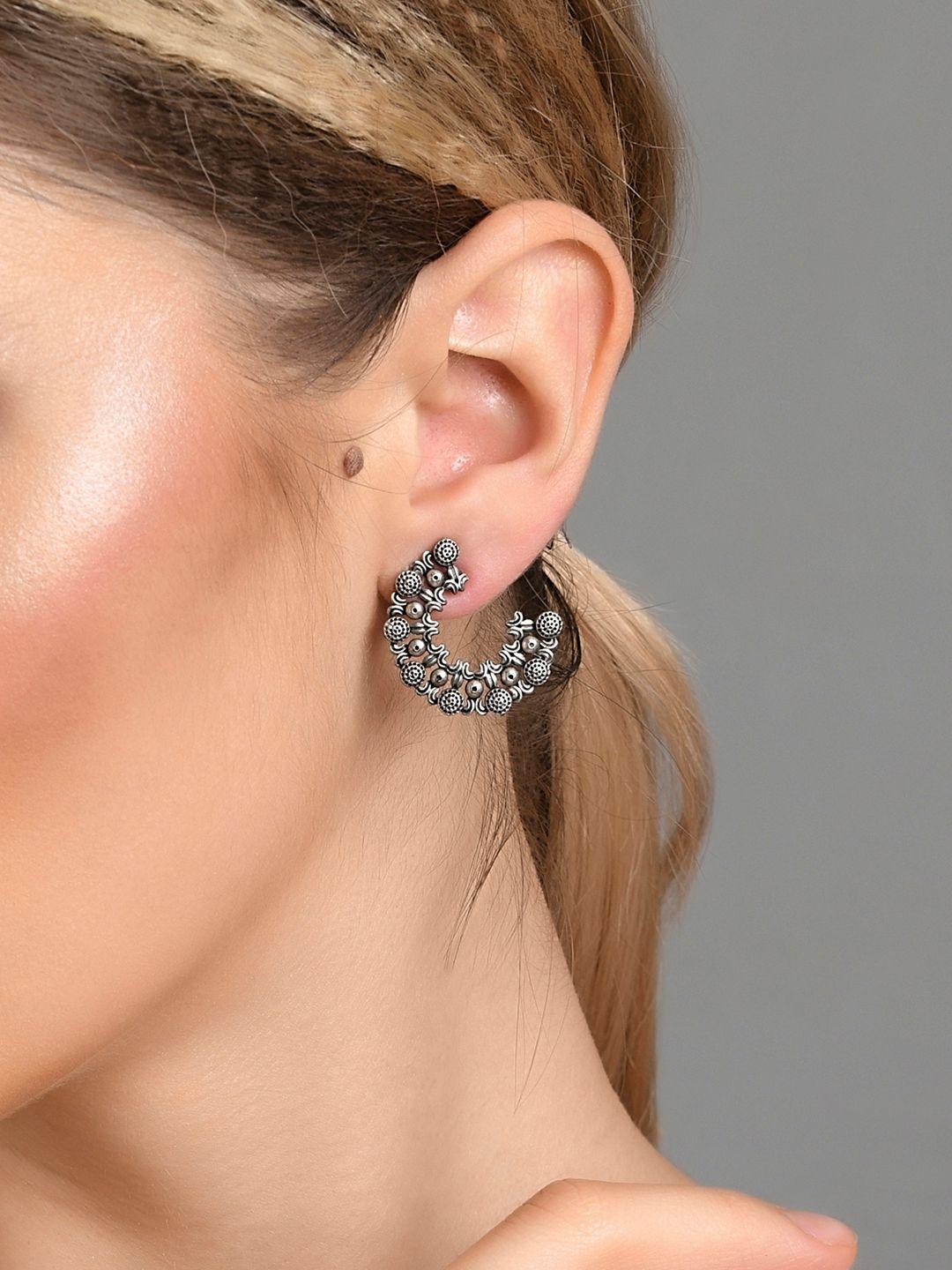 fida silver-toned oxidised contemporary studs earrings