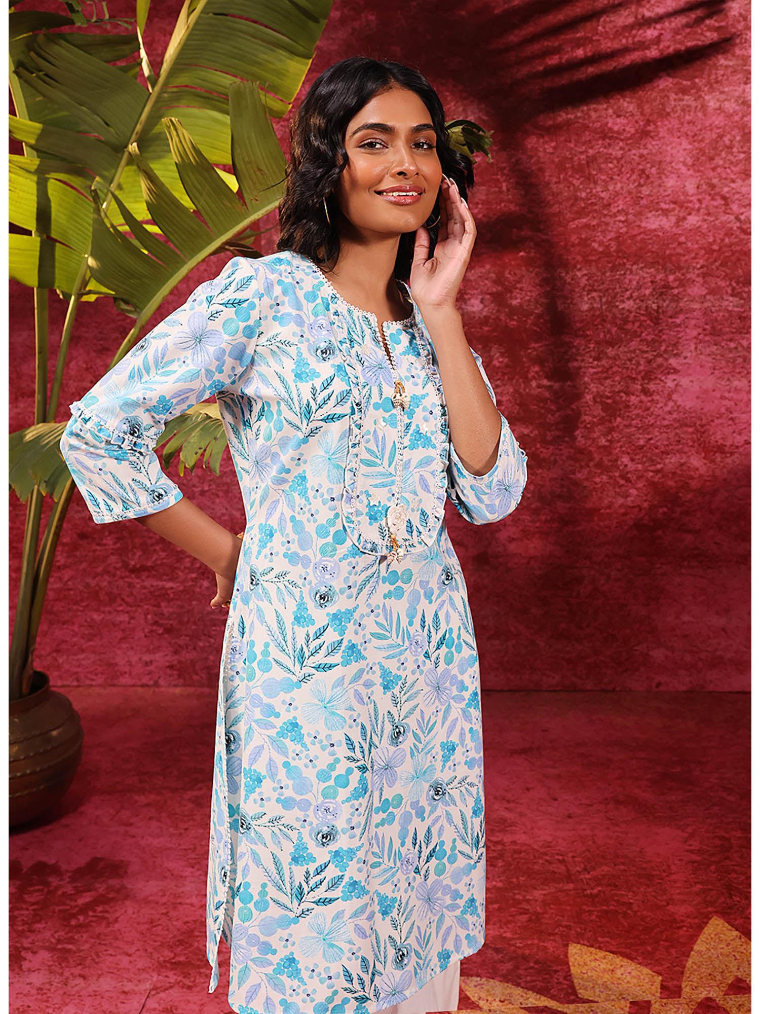 fida turquoise cotton linen printed kurta for women